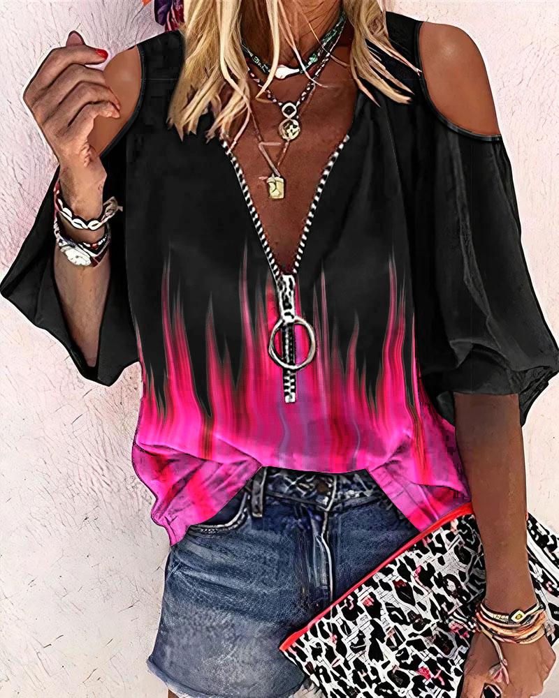 

Ombre Zip Front Cold Shoulder Top, Black