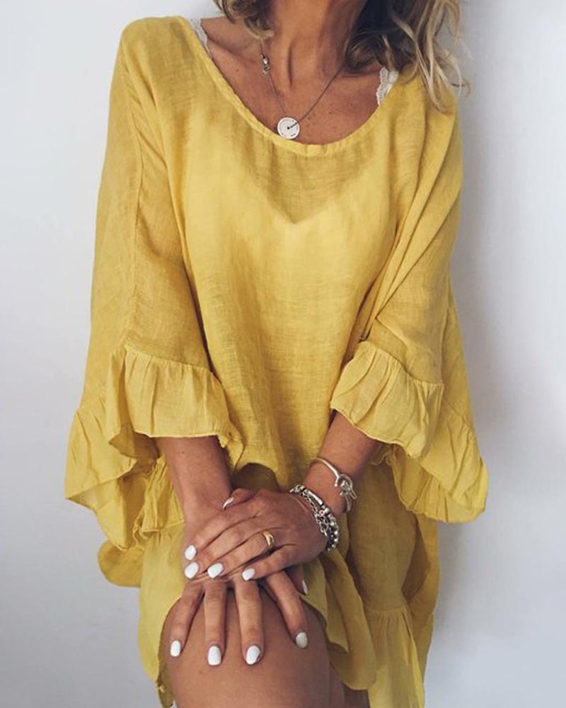 

Bell Sleeve Ruffle Hem Casual Dress, Yellow