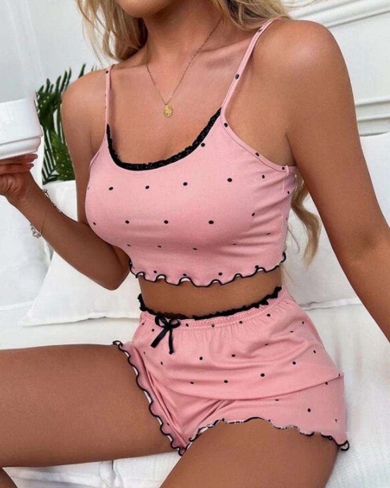 

Polka Dot Print Contrast Binding Cami Set, Pink