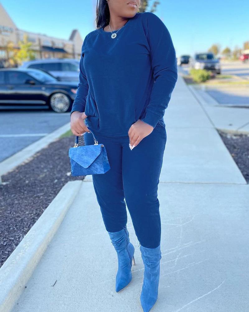 

Round Neck Long Sleeve Top & Pocket Design Pants Set, Blue