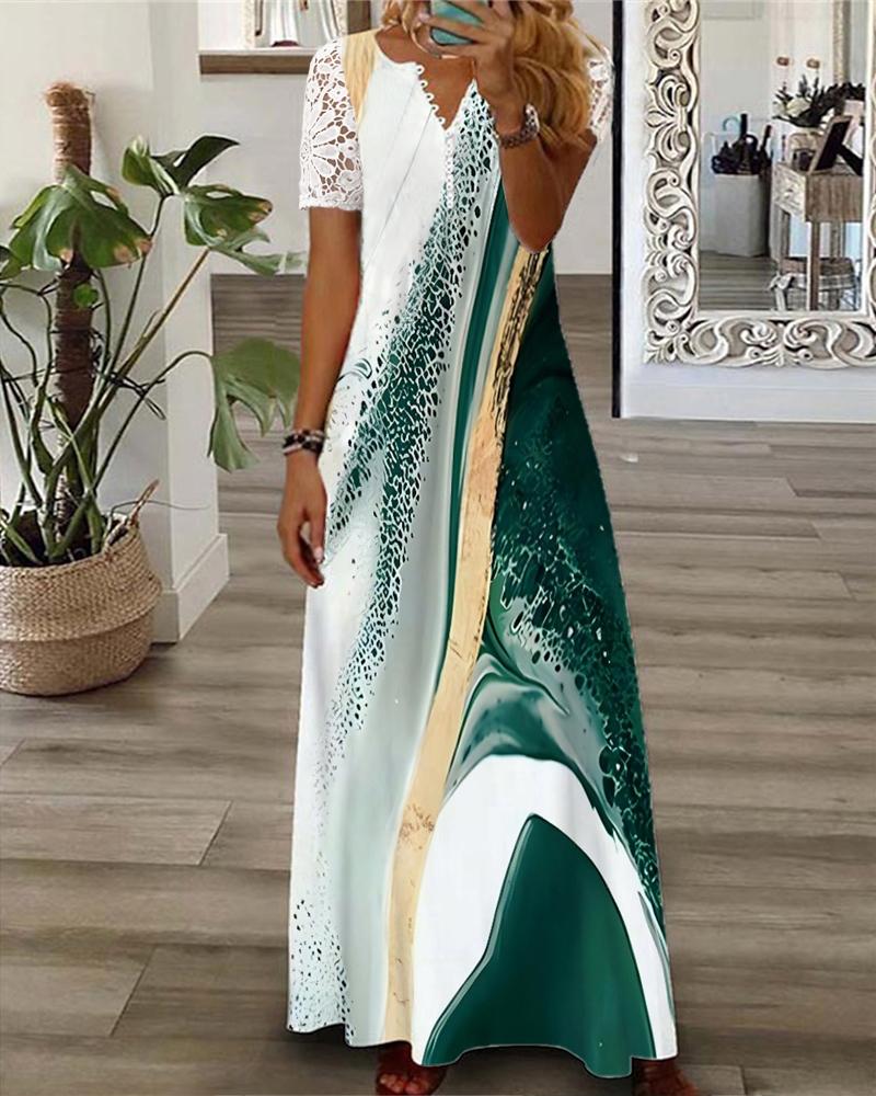 

Tie Dye Print Lace Patch Maxi Dress, Green