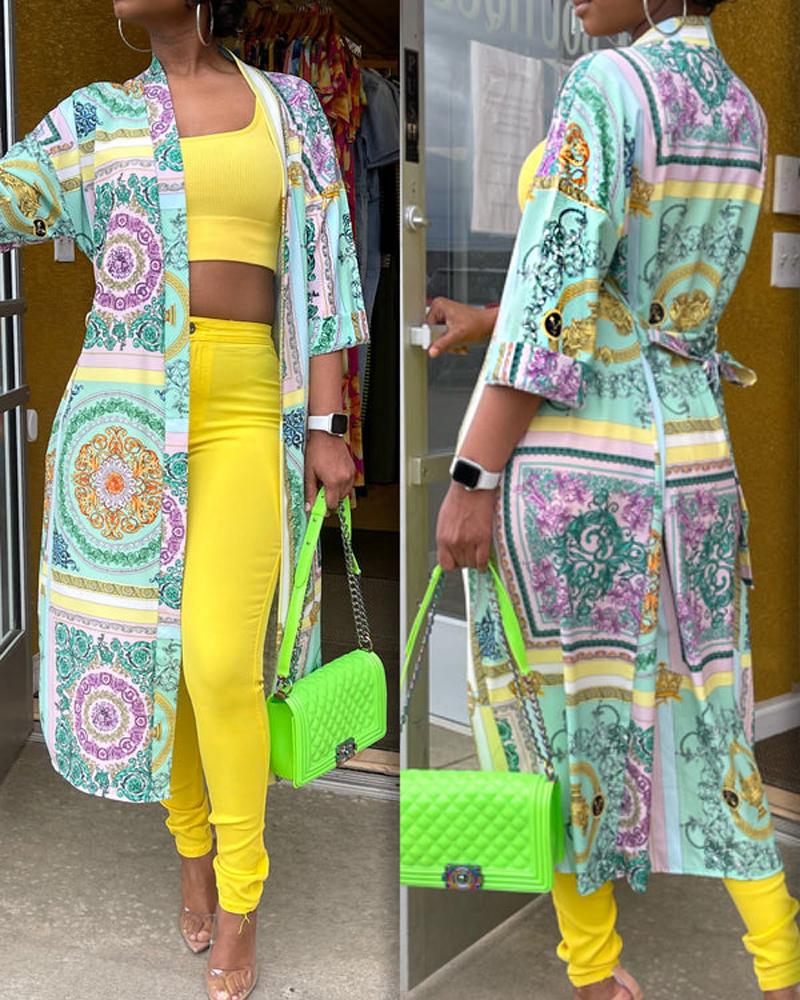 

Scarf Print Open Front Longline Top, Green