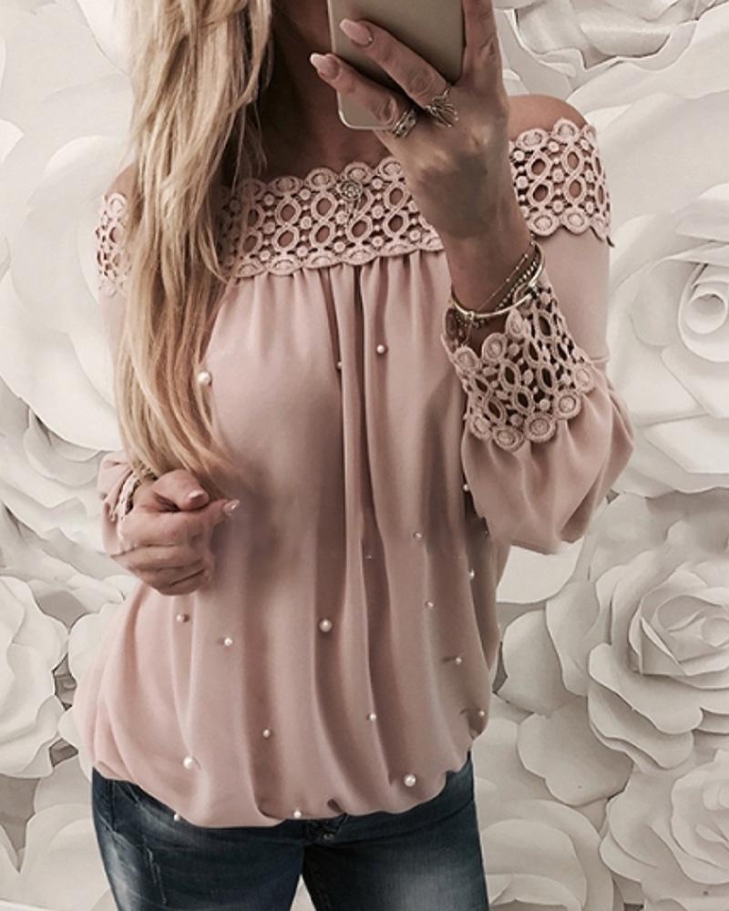 

Off Shoulder Beaded Hollow Out Blouse, Pink