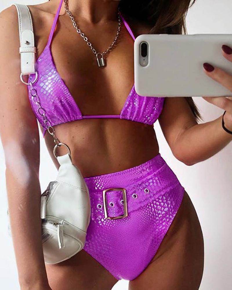 

Halter Crocodile High Waist Bikinis Set, Purple