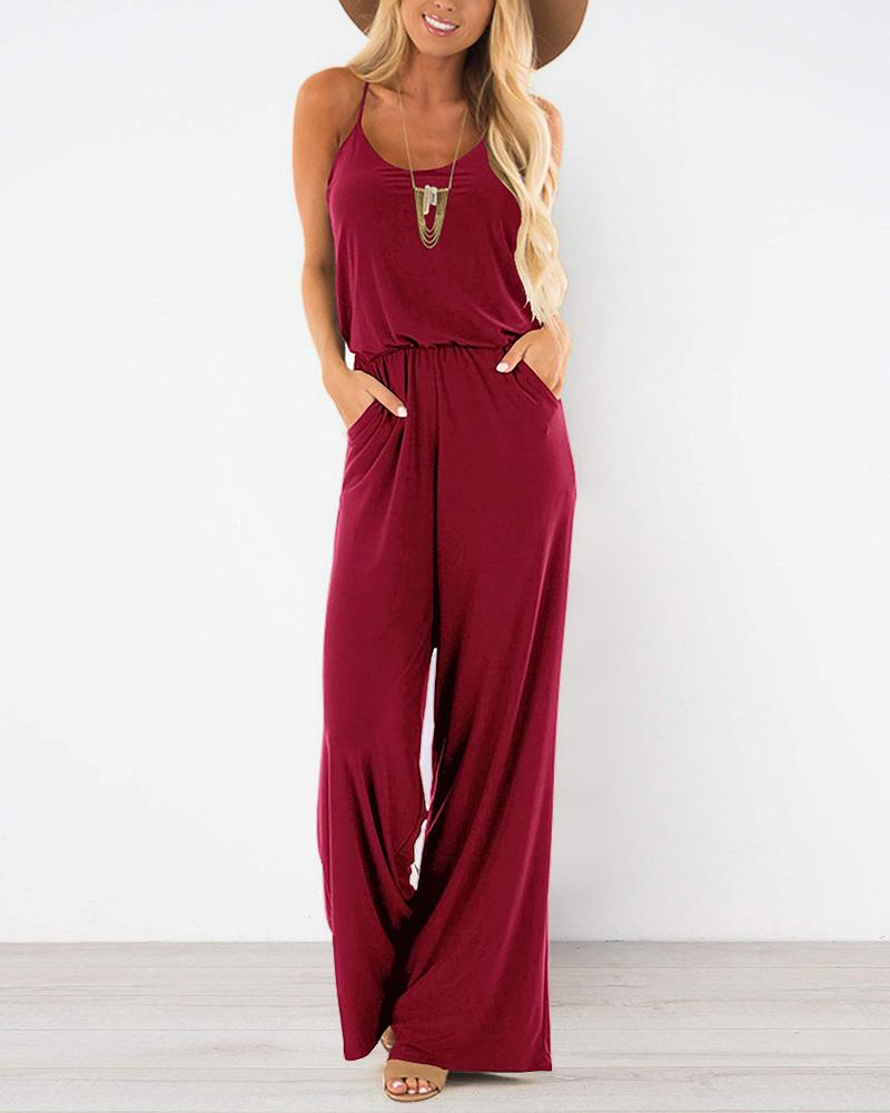 

Spaghetti Strap Pocket Design Jumpsuit, Red