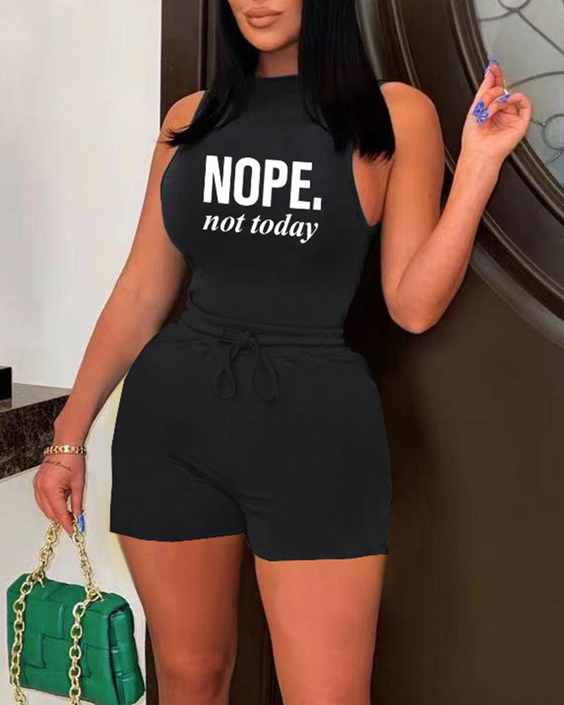 

Nope Not Today Print Mock Neck Top & Drawstring Shorts Set, Black
