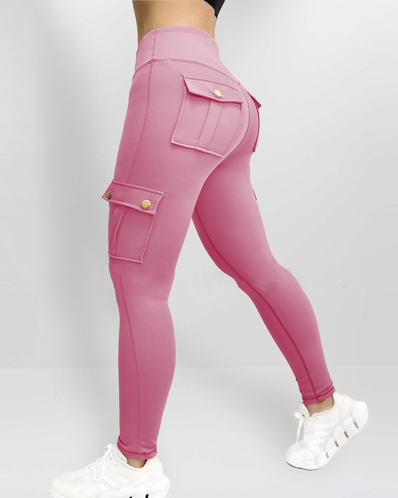 

Legging de levage des fesses avec poches à rabat Pantalon cargo d'entraînement taille haute pour le contrôle du ventre, Pink