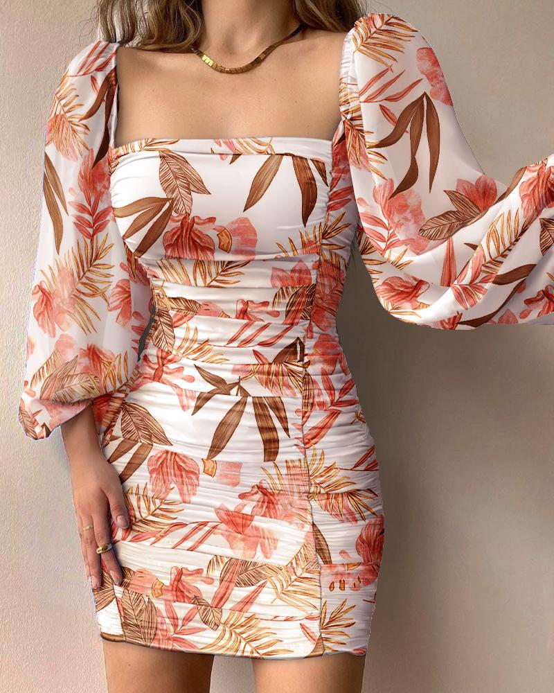 

Floral Print Lantern Sleeve Ruched Bodycon Dress, Multicolor