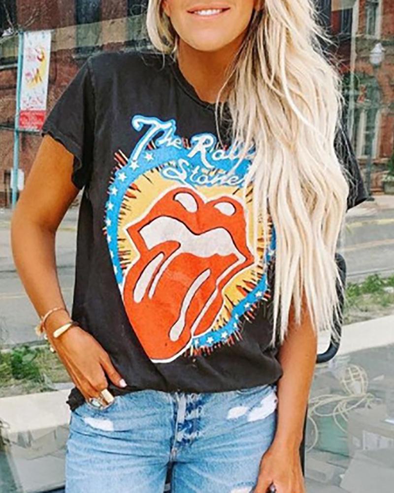 

Lip Print Short Sleeve T-shirt, Black