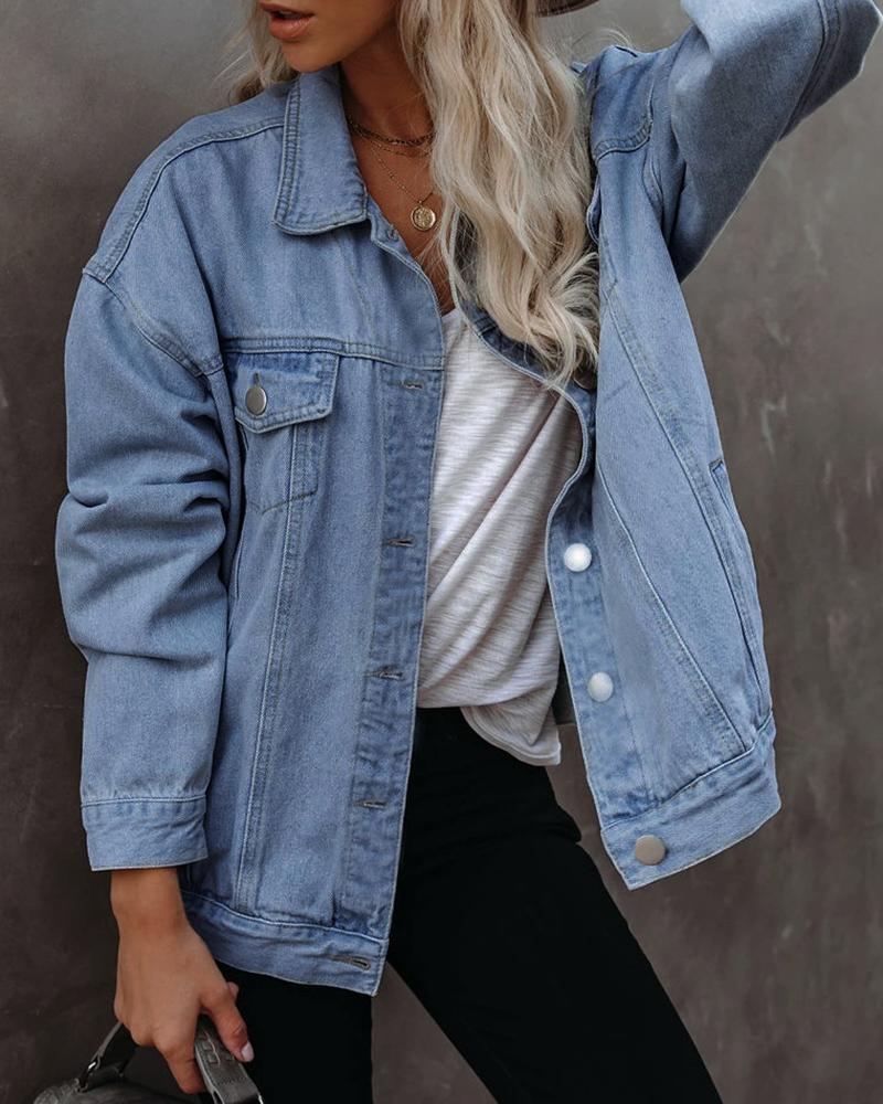 

Long Sleeve Button Design Denim Coat, Blue