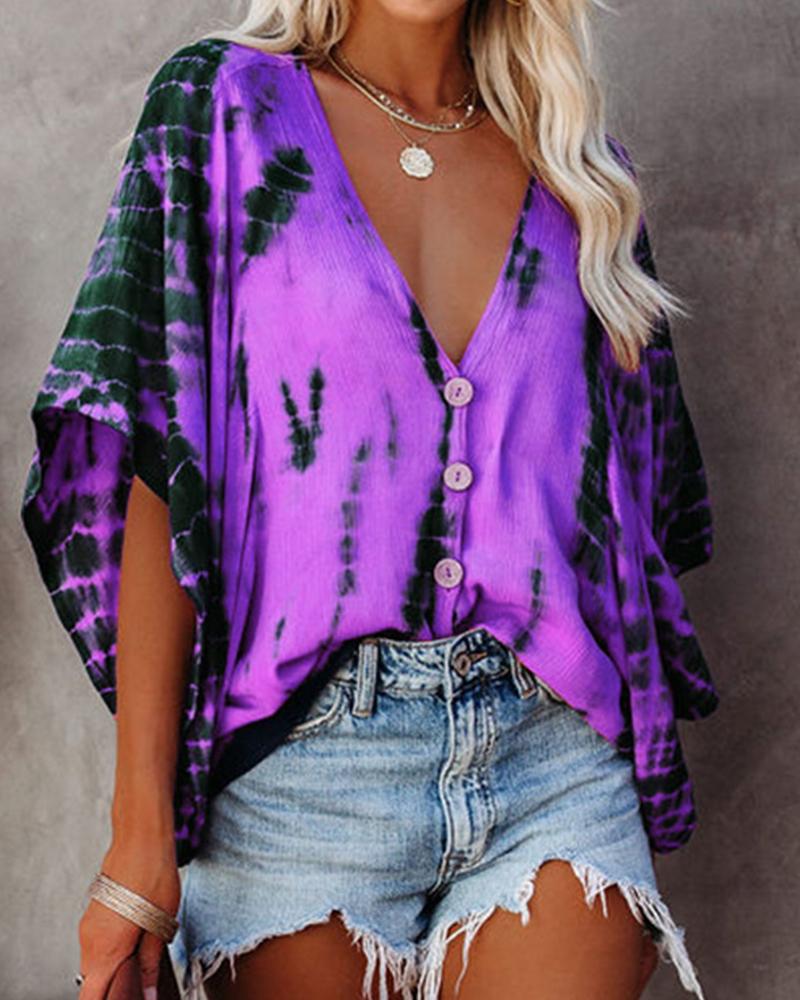 

Tie Dye Print Batwing Sleeve V-Neck Top, Purple