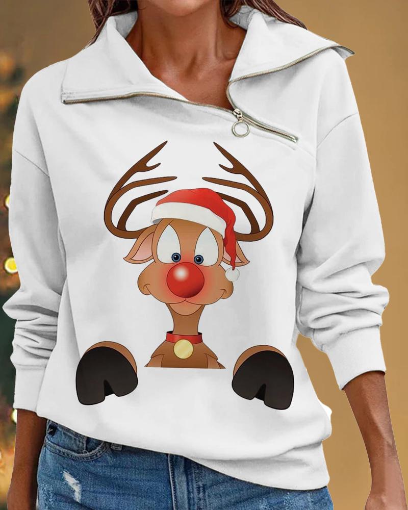 

Christmas Elk Print Zip Detail Sweatshirt, White