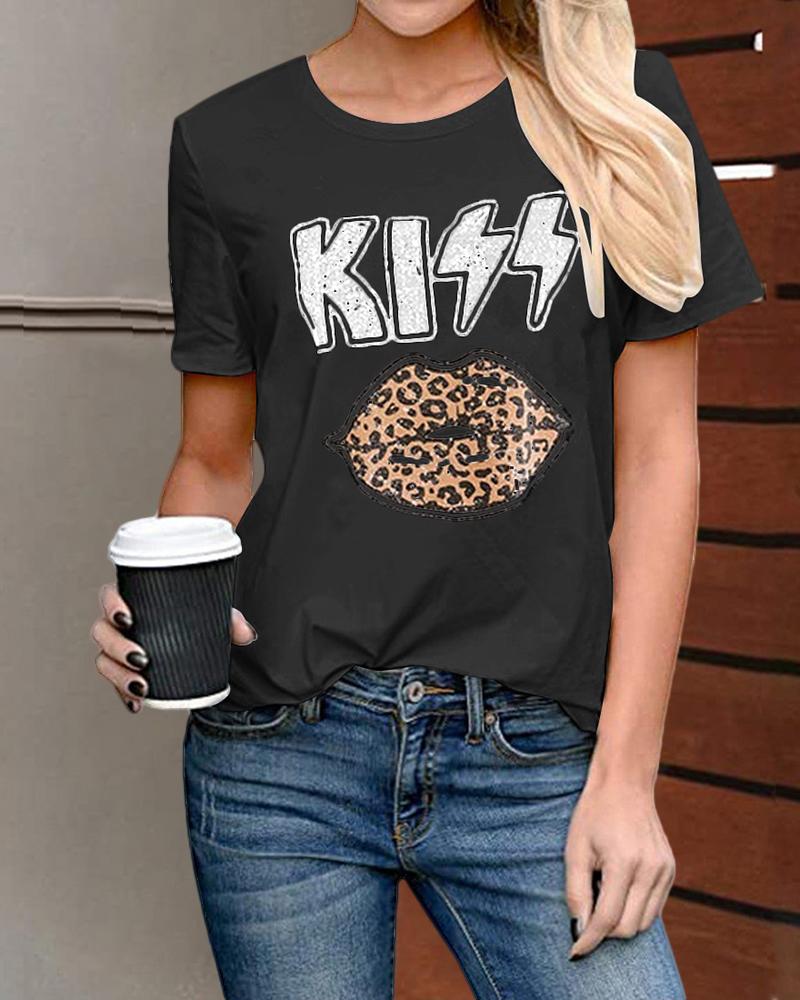 

Cheetah / Lip / Letter Print Casual T-shirt, Black