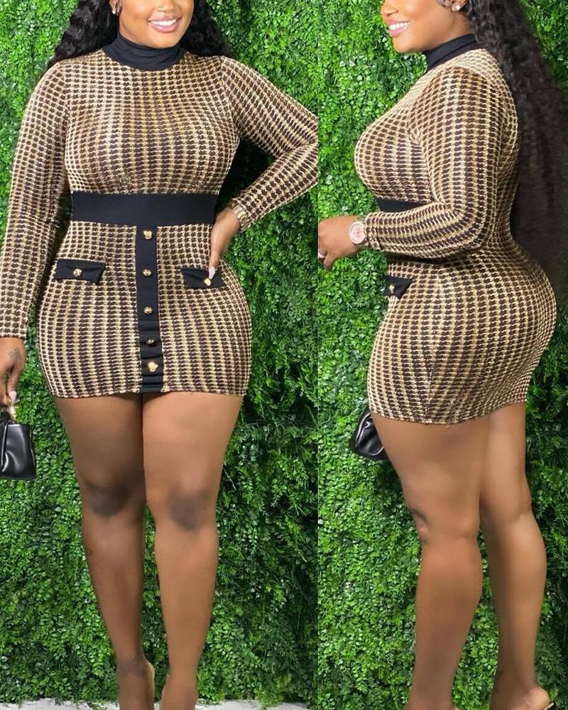 

Houndstooth Jacquard Long Sleeve Bodycon Dress, Gold