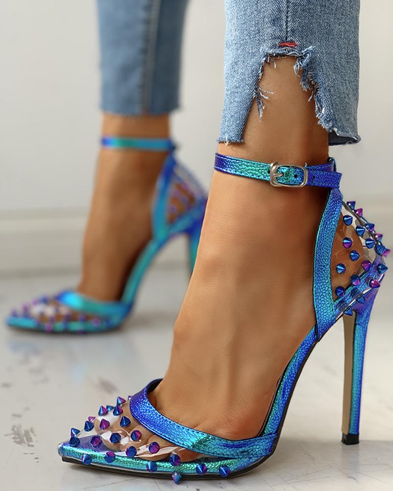 

Rivet Pointed Toe Ankle-Buckled Thin Heeled Sandals, Blue