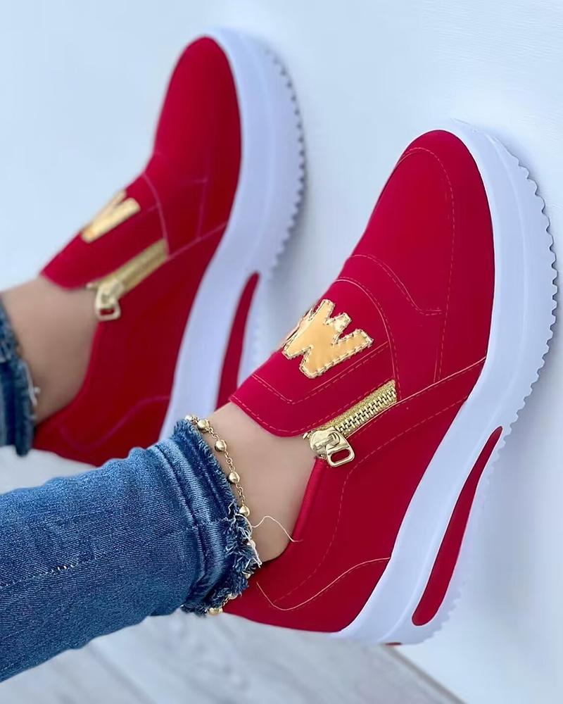

Letter Pattern Zipper Design Sneakers, Red