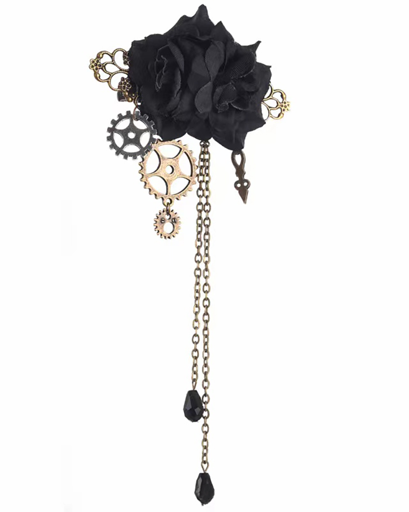 

Gothic Black Rose Gear Hair Clip Rhinestone Chain Tassel Brooch