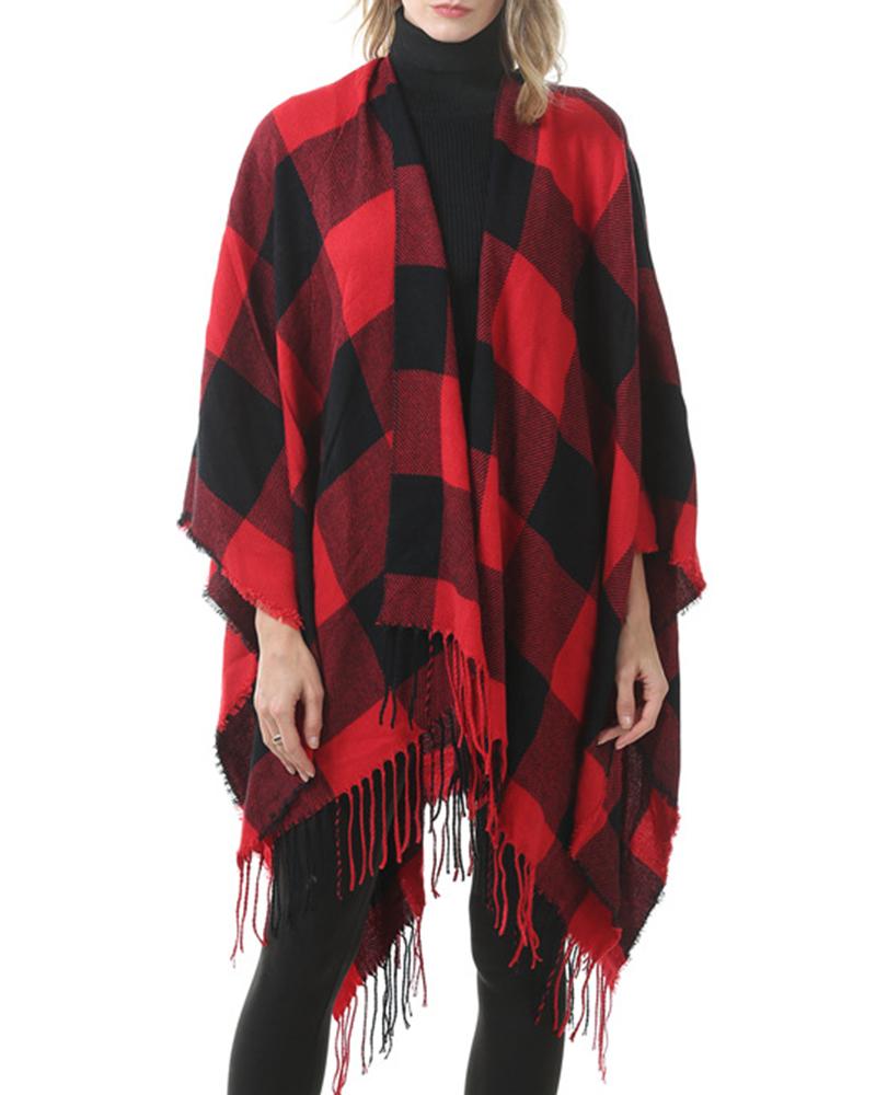 

Women's Long Plaid Tassel Warp Fall Winter Warm Scarf, Red
