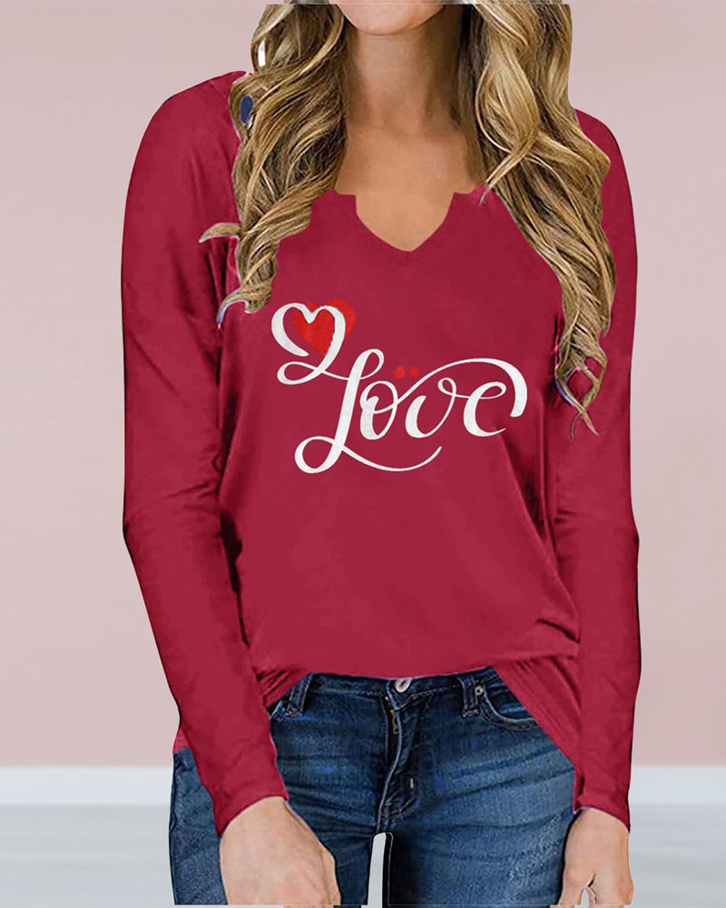 

Valentine' Day Heart Letter Print Long Sleeve Casual Top, Red