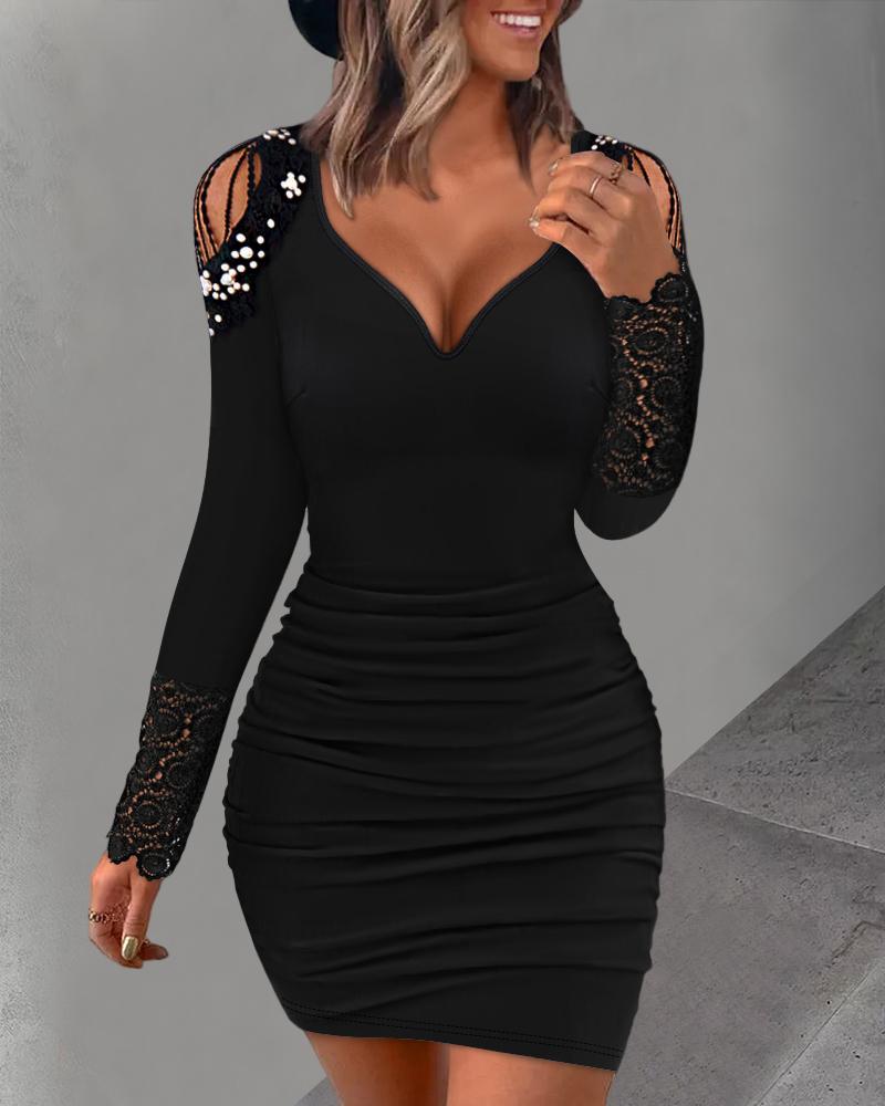 

Beaded Lace Patch Ruched Bodycon Dress, Black