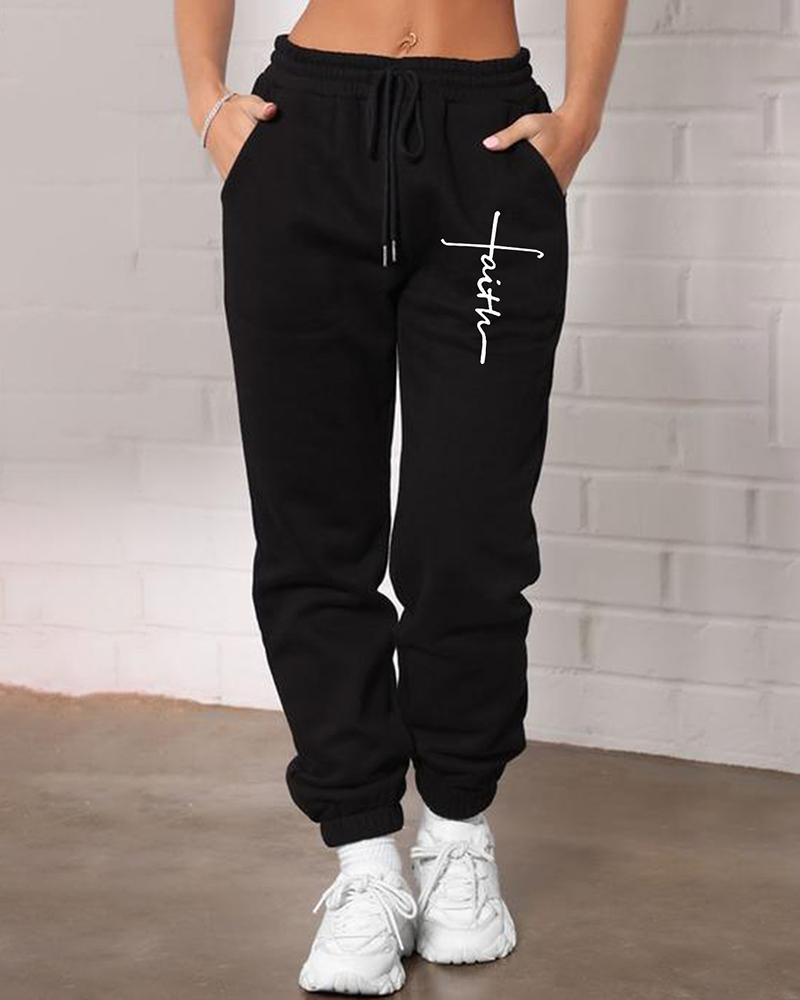 

Faith Print Pocket Design Drawstring Sweatpants, Black