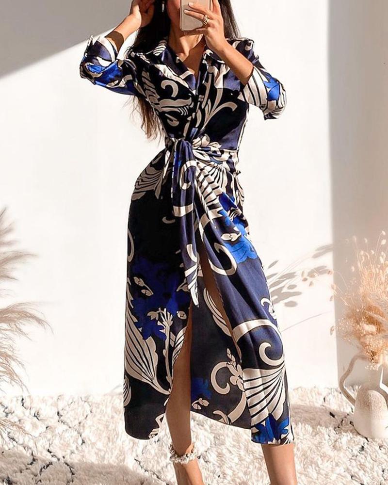 

Baroque Print Knot Front Ruched Split Shirt Dress, Dark blue