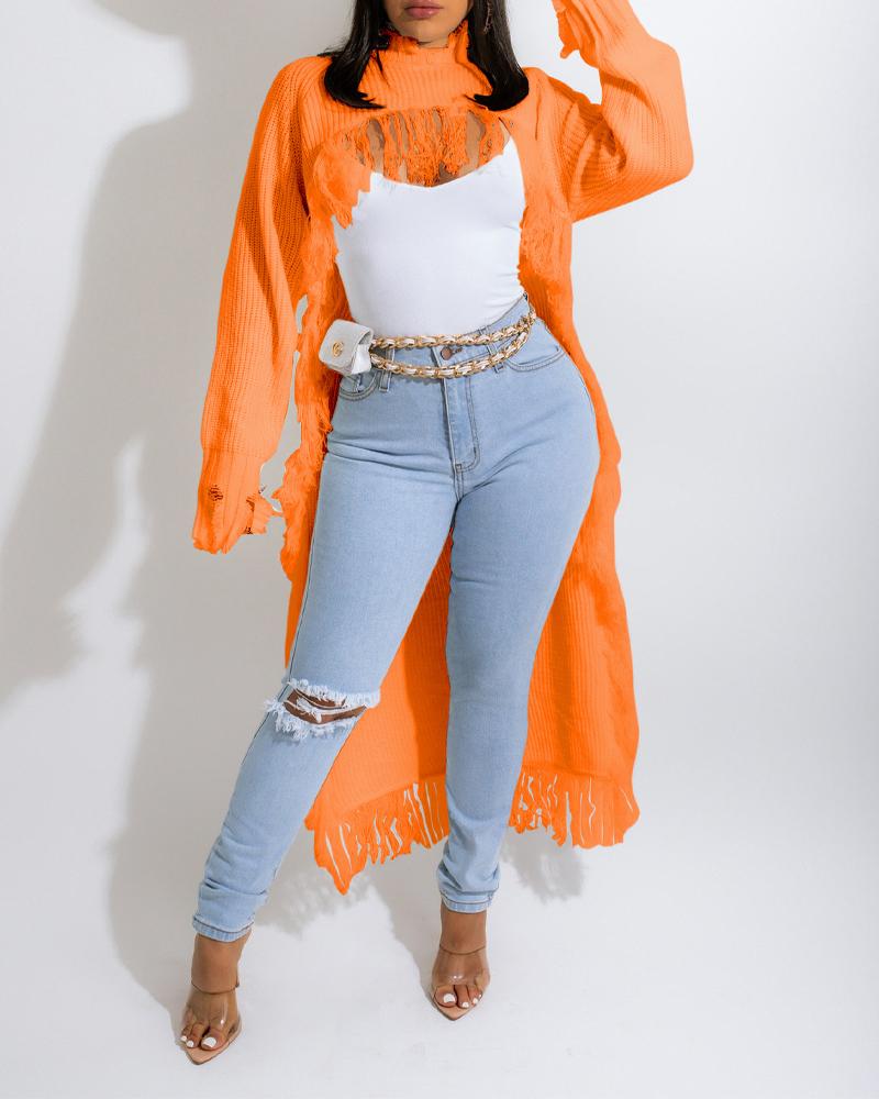 

Asymmetrical Distressed Fringe Trim Longline Sweater, Orange