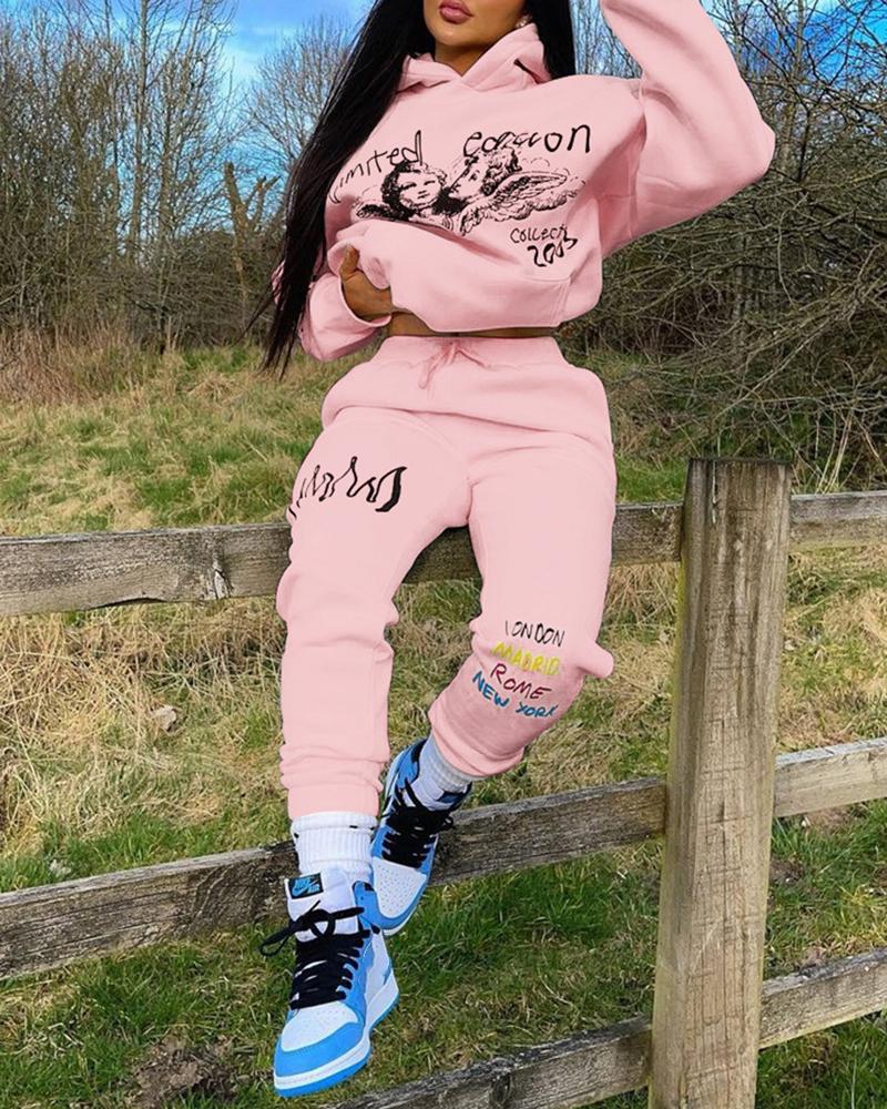 

Letter Graphic Print Hooded Sweatshirt & Pants Set, Pink