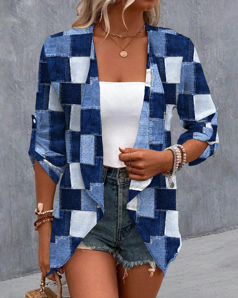

Denim Look Print Roll Up Sleeve Open Front Buttoned Coat, Blue