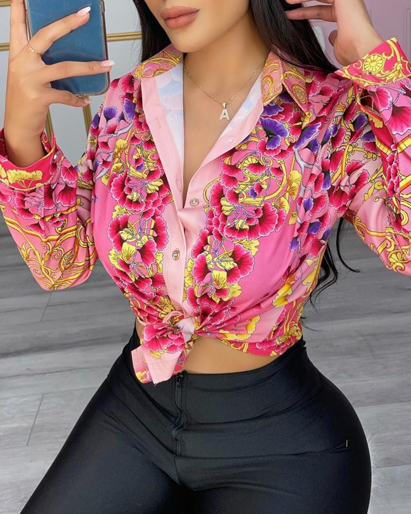 

Long Sleeve Floral Print Button Design Top, Pink