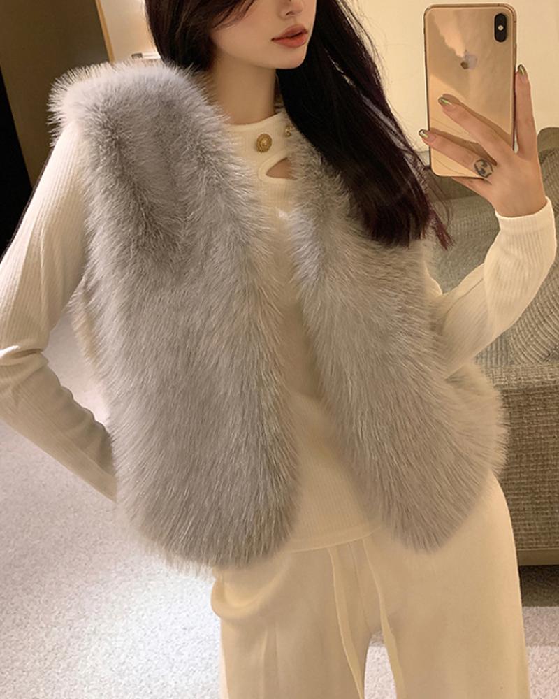 

Colete de pele sintética sem mangas com frente aberta, casaco macio e quente de inverno, roupa externa, Gray