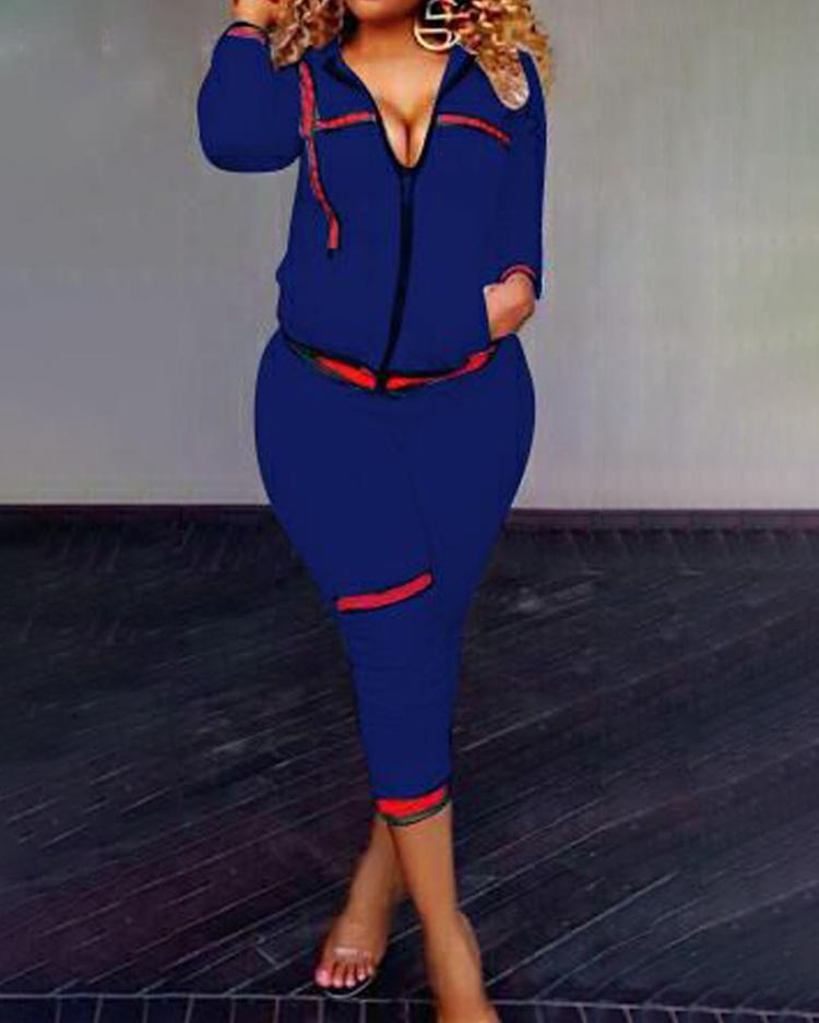 

Contrast Binding Zip Front Top & Pants Set, Dark blue