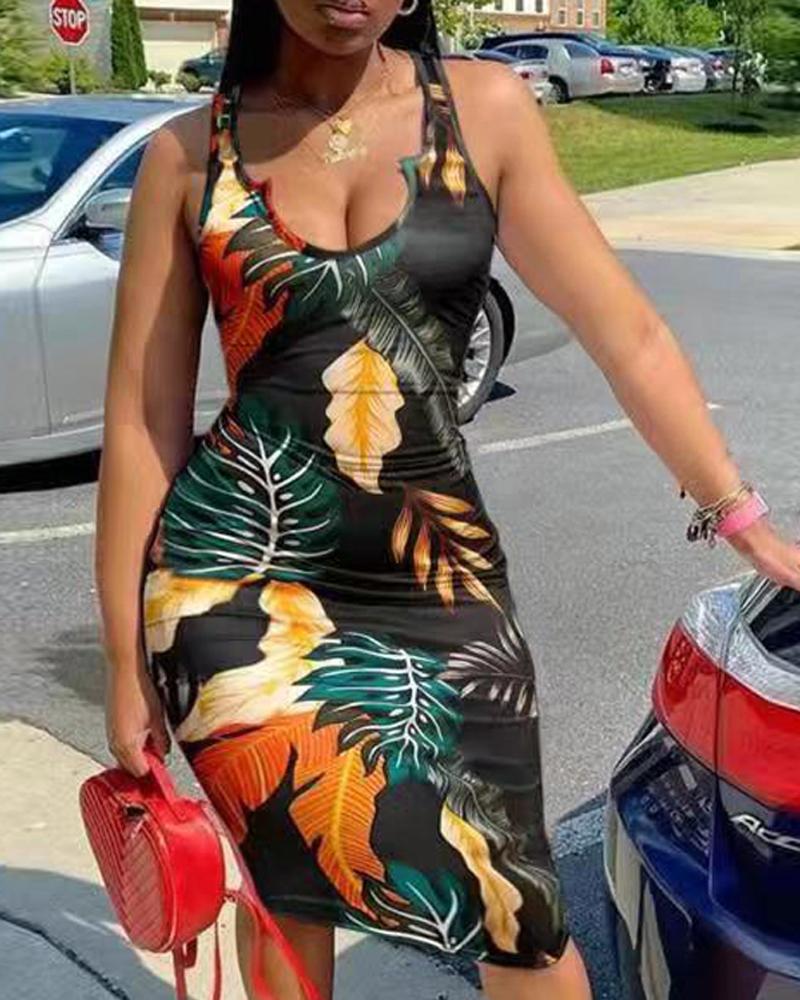 

Tie Dye Tropical Print Bodycon Tank Dress, Style3