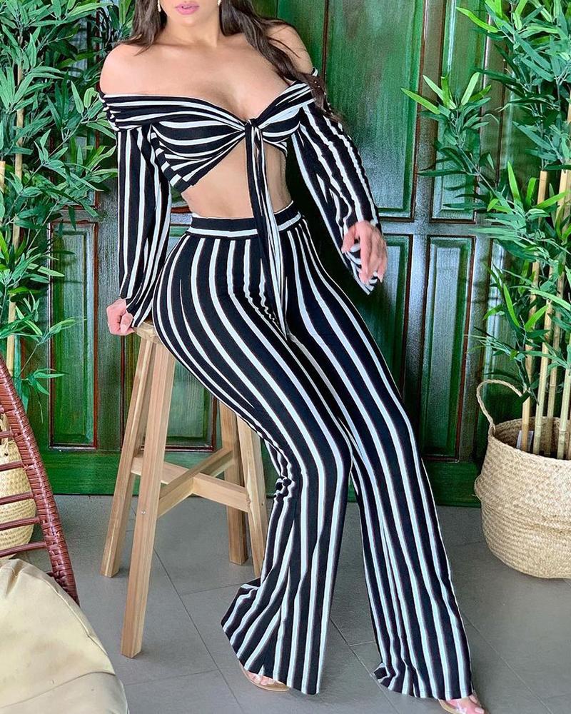

Off Shoulder Striped Print Top & Pants Set, Black