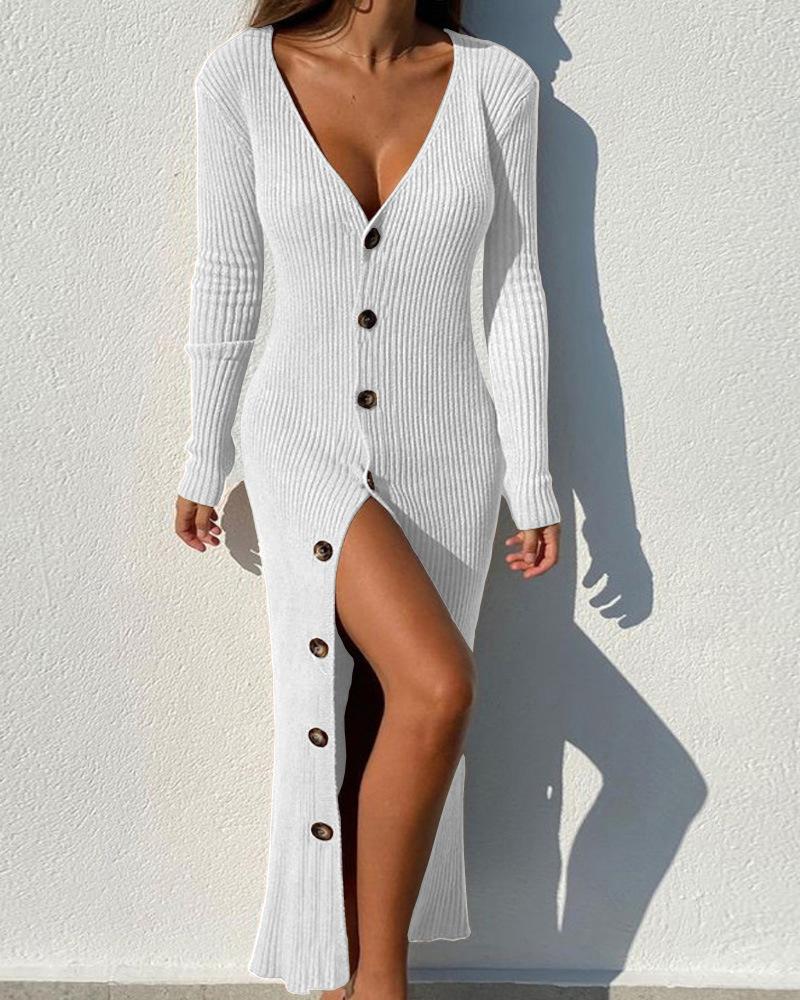 

Button Front Long Sleeve Dress, White