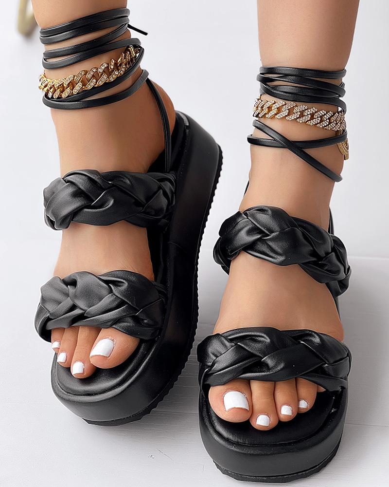 

Braided Double Strap Tied Detail Sandals, Black