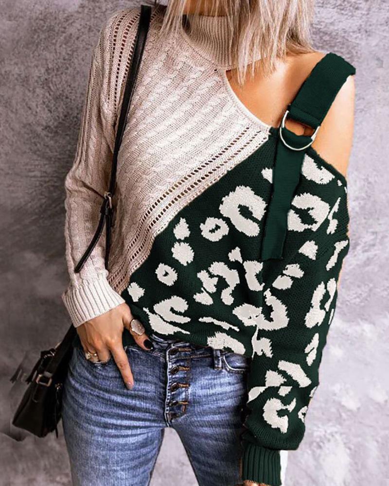 

Cheetah Print Colorblock One Shoulder Buckled Sweater, Green