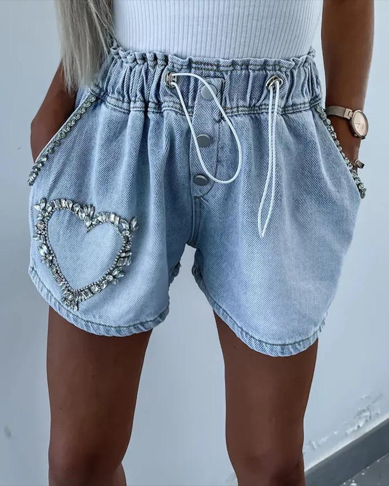 

Rhinestone Heart Pattern Drawstring Denim Shorts, Lighted blue