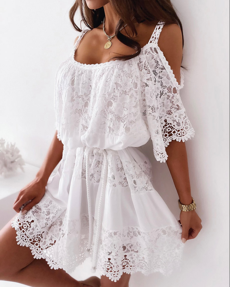 

Cold Shoulder Contrast Lace Casual Dress, White