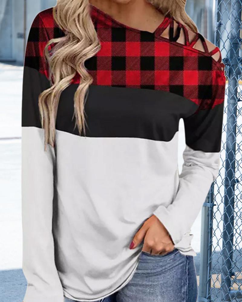 

Contrast Plaid Colorblock Cold Shoulder Top, White