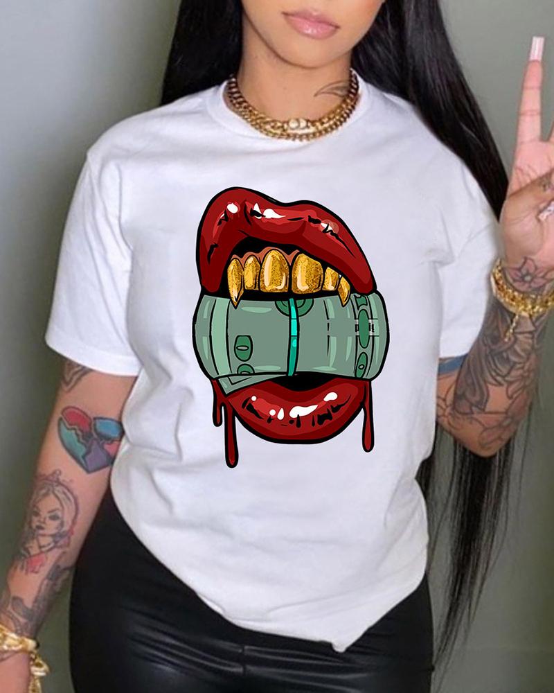 

Plus Size Graphic Tee Vampire Lip Dollar Print Casual T-shirt, White