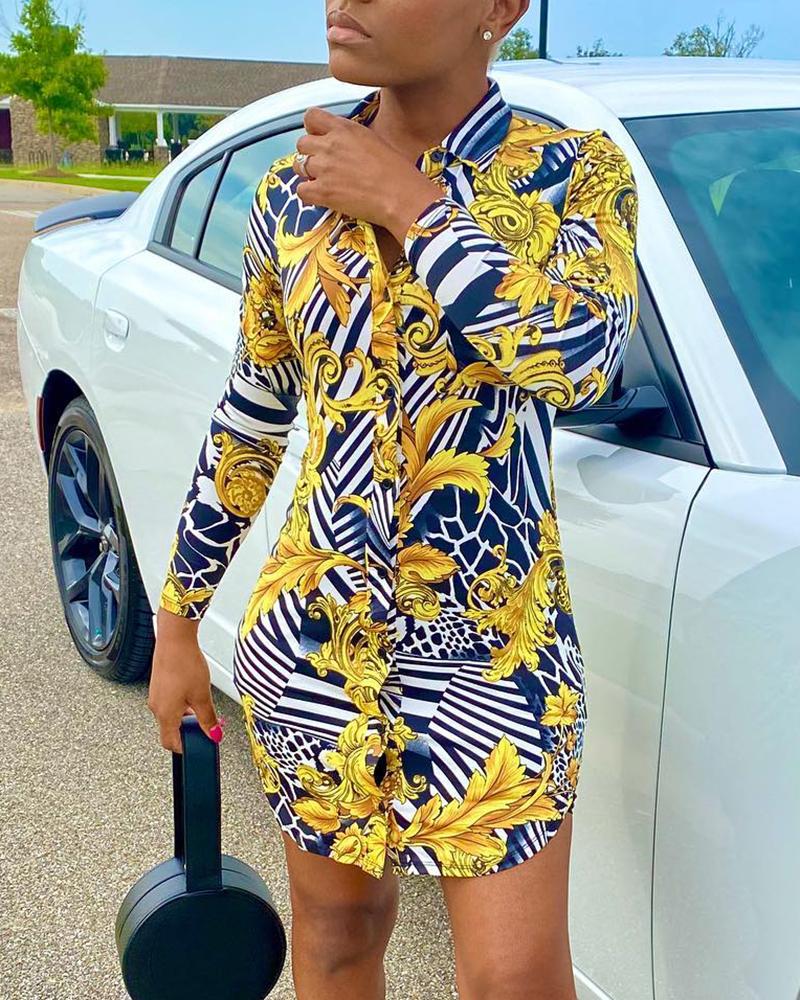 

Baroque Striped Animal Print Buttoned Casual Dress, Yellow
