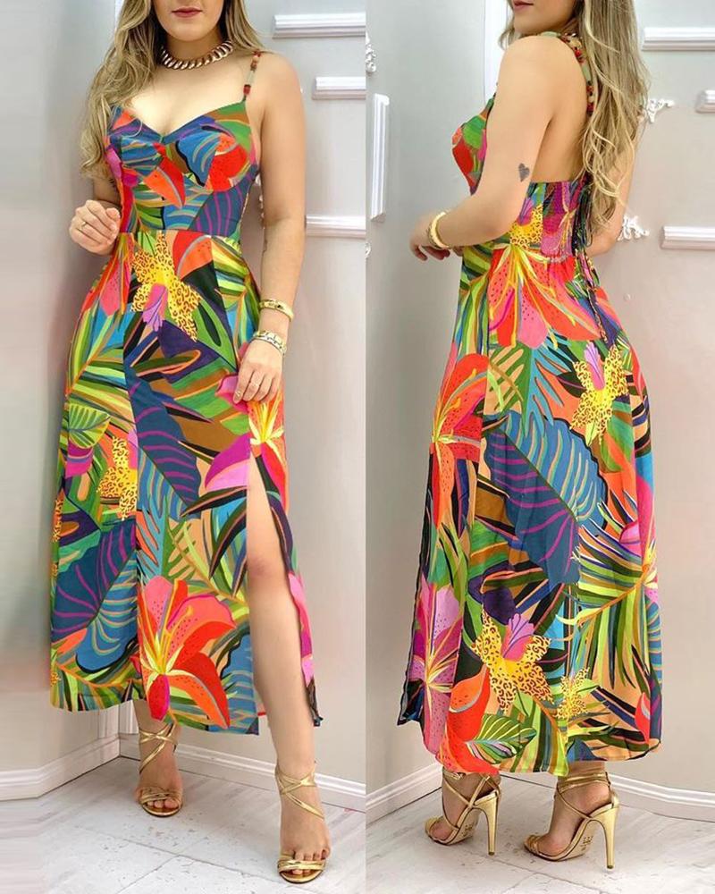 

Tropical Print Slit Maxi Dress, Multicolor