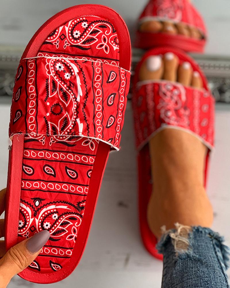 

Paisley Print Open Toe Casual Flat Slippers, Red