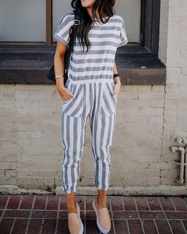 

Casual Striped Patchwork Loose Jumpsuit, Gray