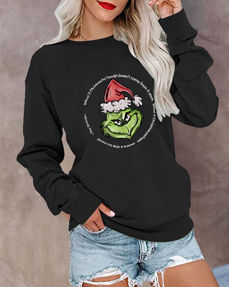 

Christmas Grinches Letter Print O-Neck Top, Black