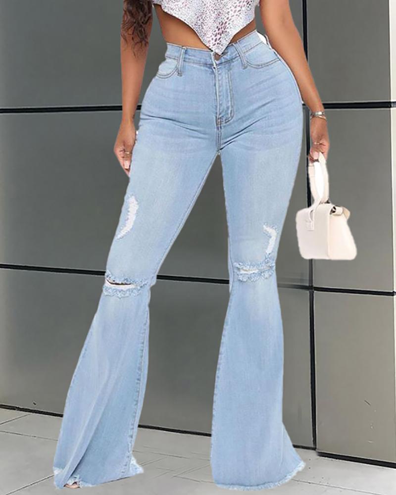 

Ripped Cutout Fringe Hem Pocket Design Bootcut Jeans, Light blue