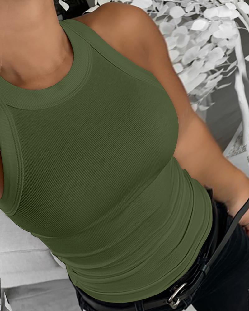 

Plus Size Ribbed Round Neck Sleeveless Slim Fit Tank Basic Casual Top, Army green