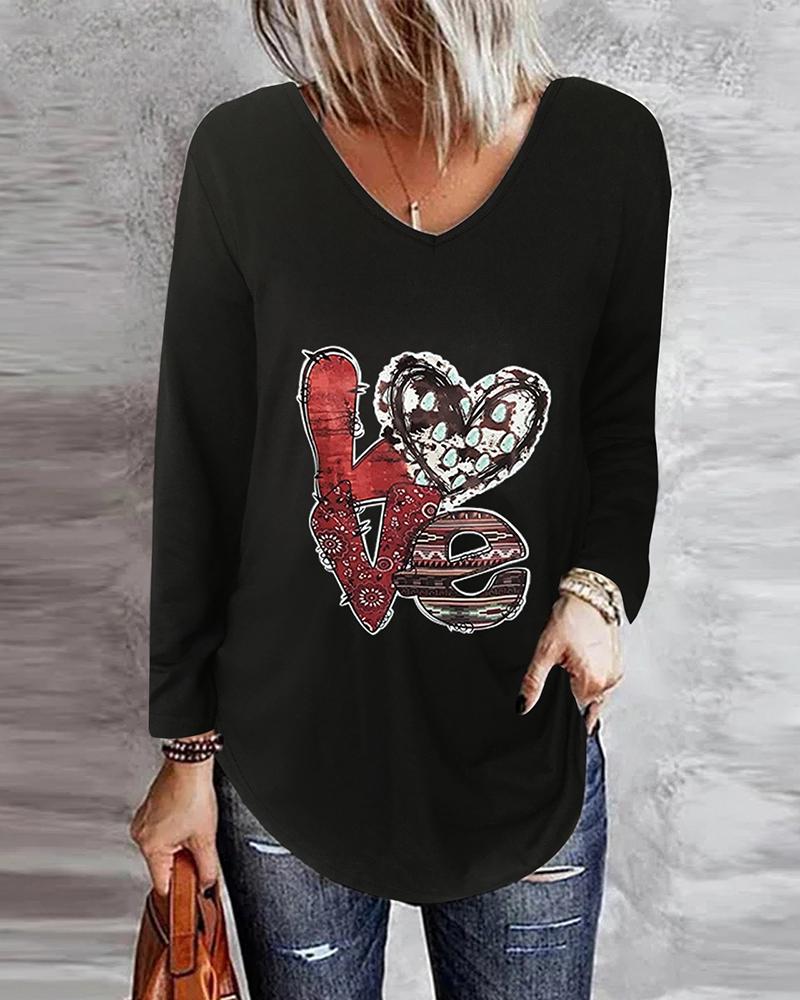 

Letter Heart Print Long Sleeve Top, Black