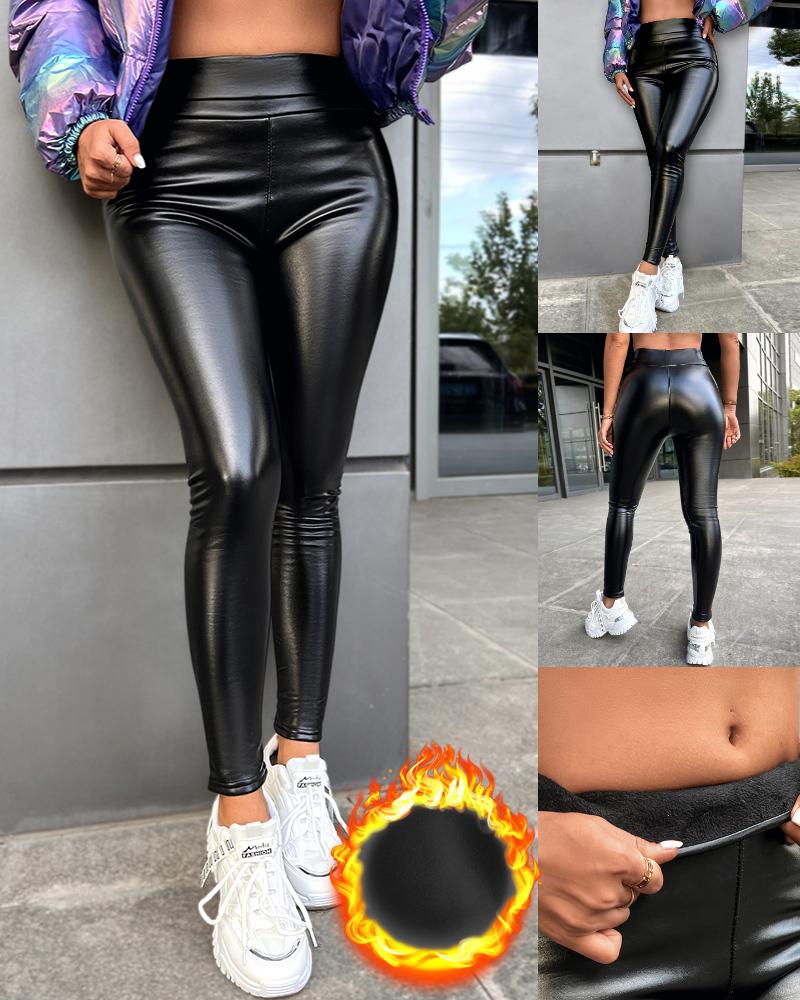 

PU Leather High Waist Thermal Warm Fleece Lined Leggings, Black